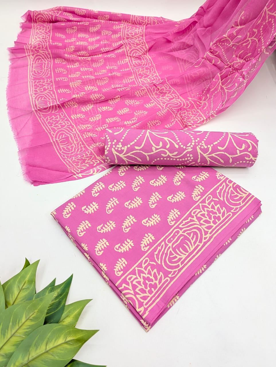 Hand Block Cotton Salwar Suit Set with Chiffon Dupatta
