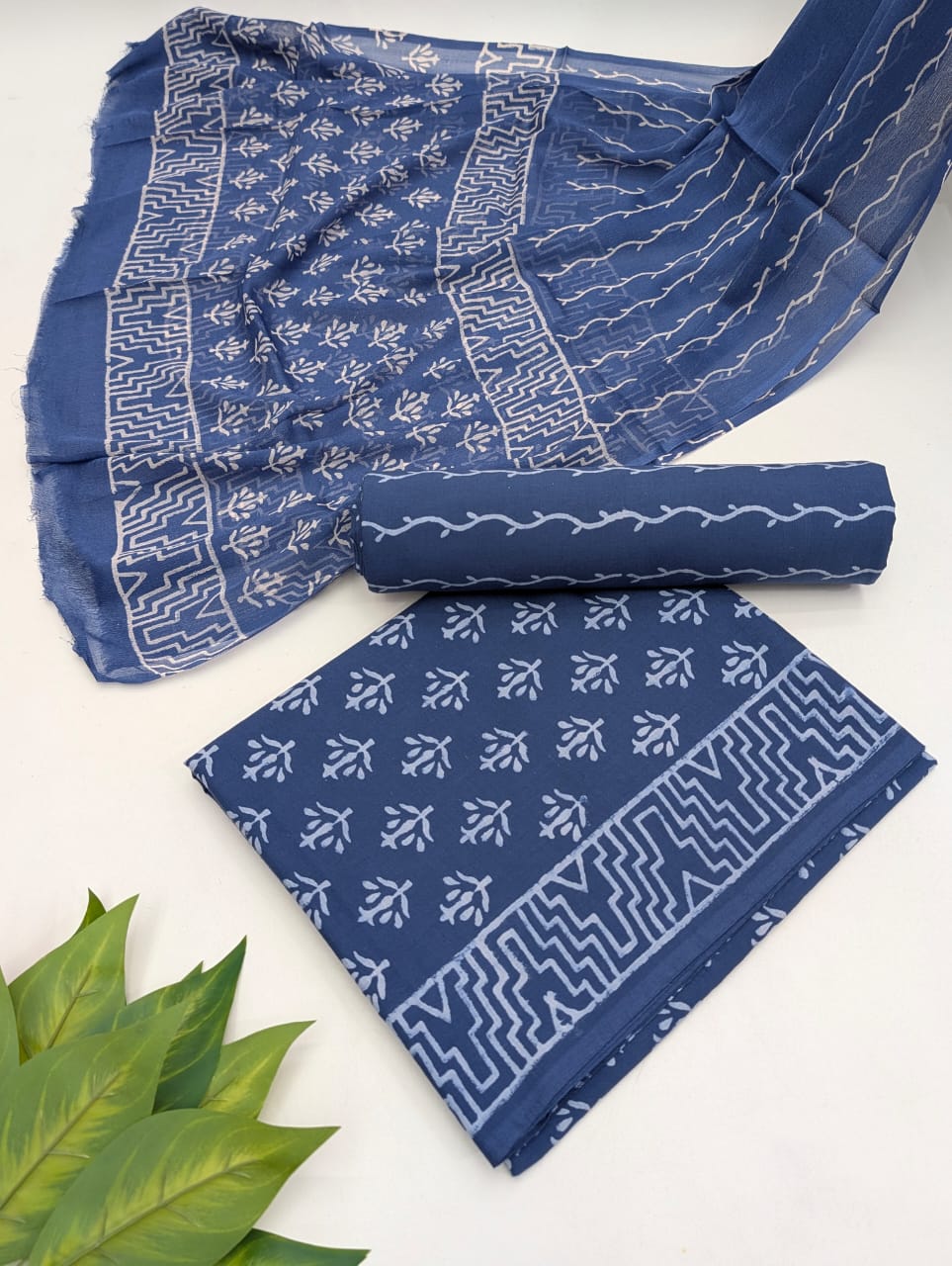 Hand Block Cotton Salwar Suit Set with Chiffon Dupatta