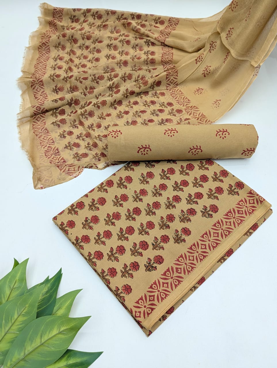 Hand Block Cotton Salwar Suit Set with Chiffon Dupatta