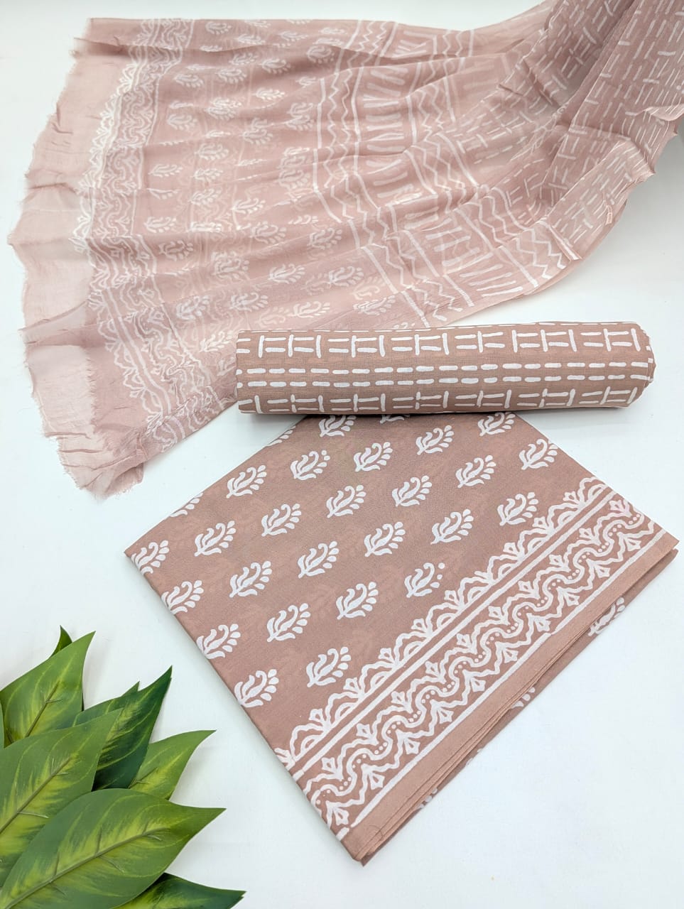 Hand Block Cotton Salwar Suit Set with Chiffon Dupatta
