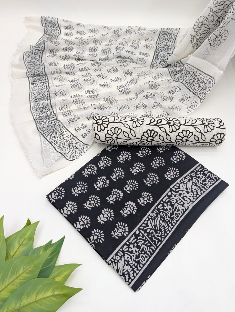 Hand Block Cotton Salwar Suit Set with Chiffon Dupatta