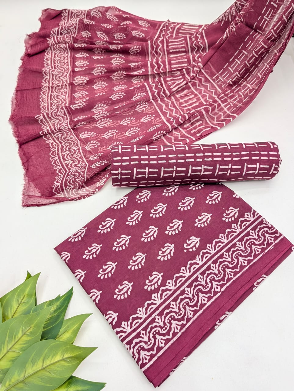 Hand Block Cotton Salwar Suit Set with Chiffon Dupatta