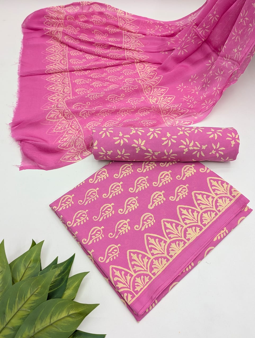 Hand Block Cotton Salwar Suit Set with Chiffon Dupatta