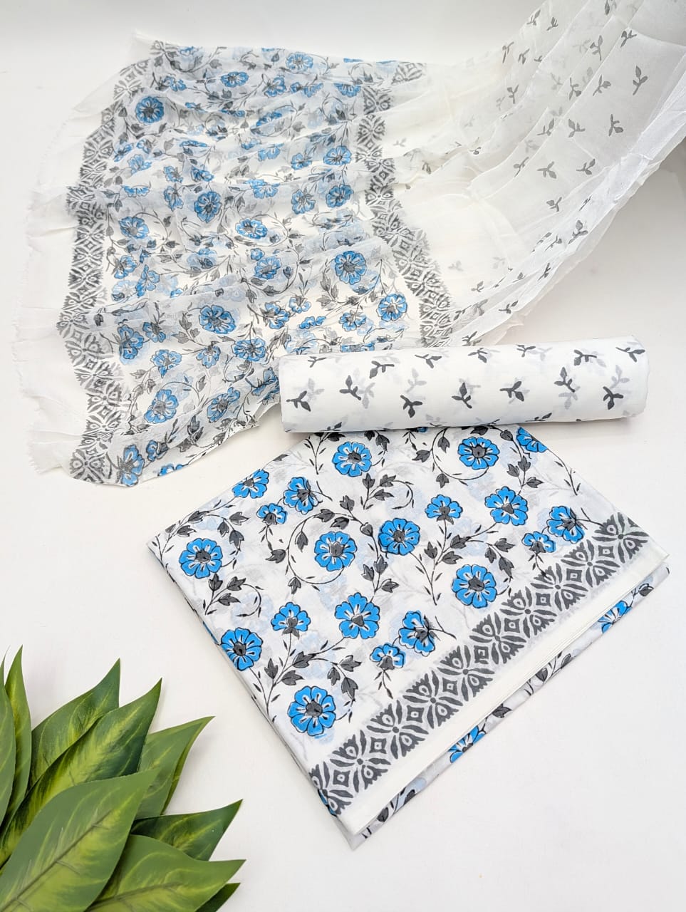 Hand Block Cotton Salwar Suit Set with Chiffon Dupatta