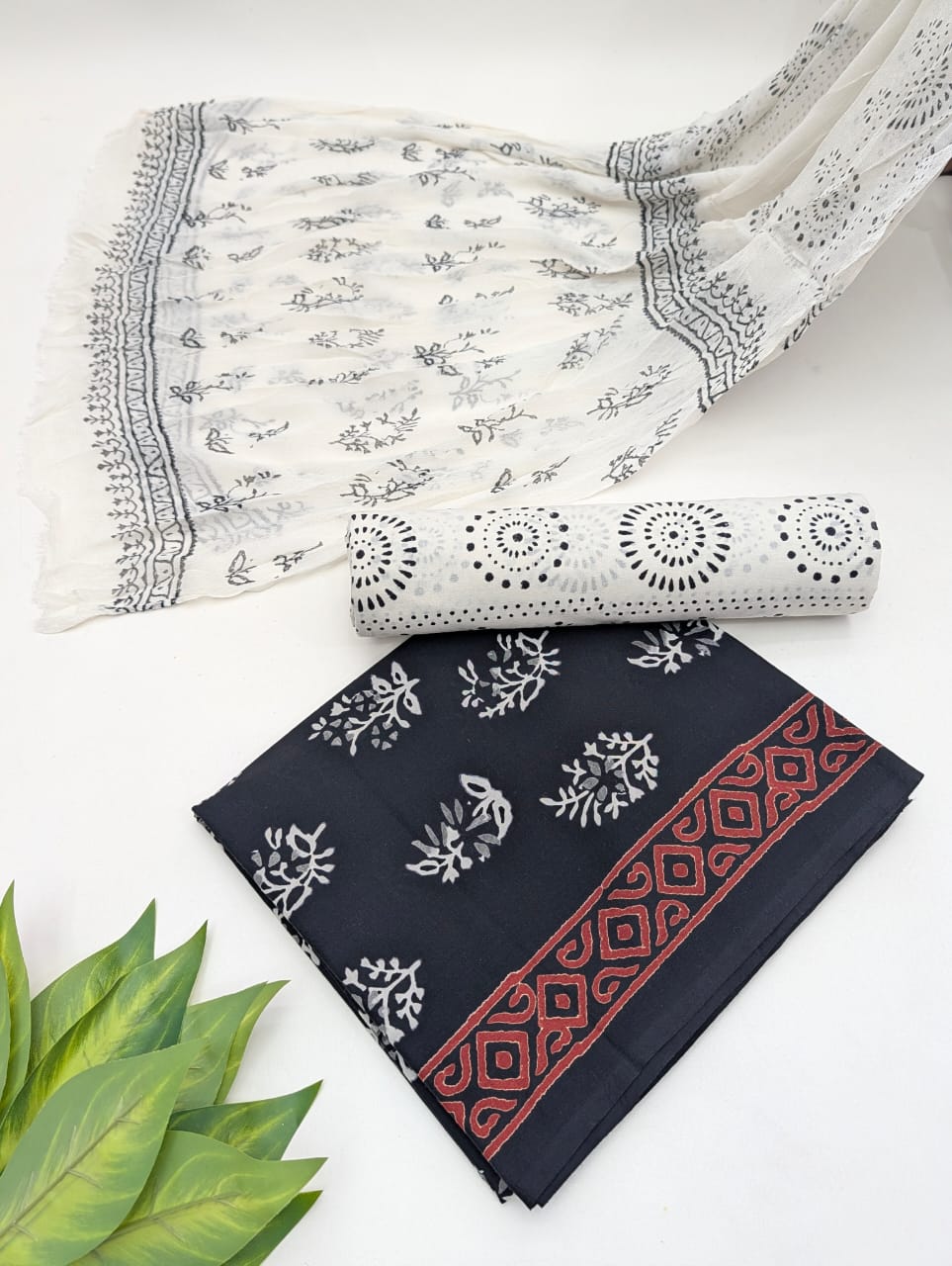 Hand Block Cotton Salwar Suit Set with Chiffon Dupatta