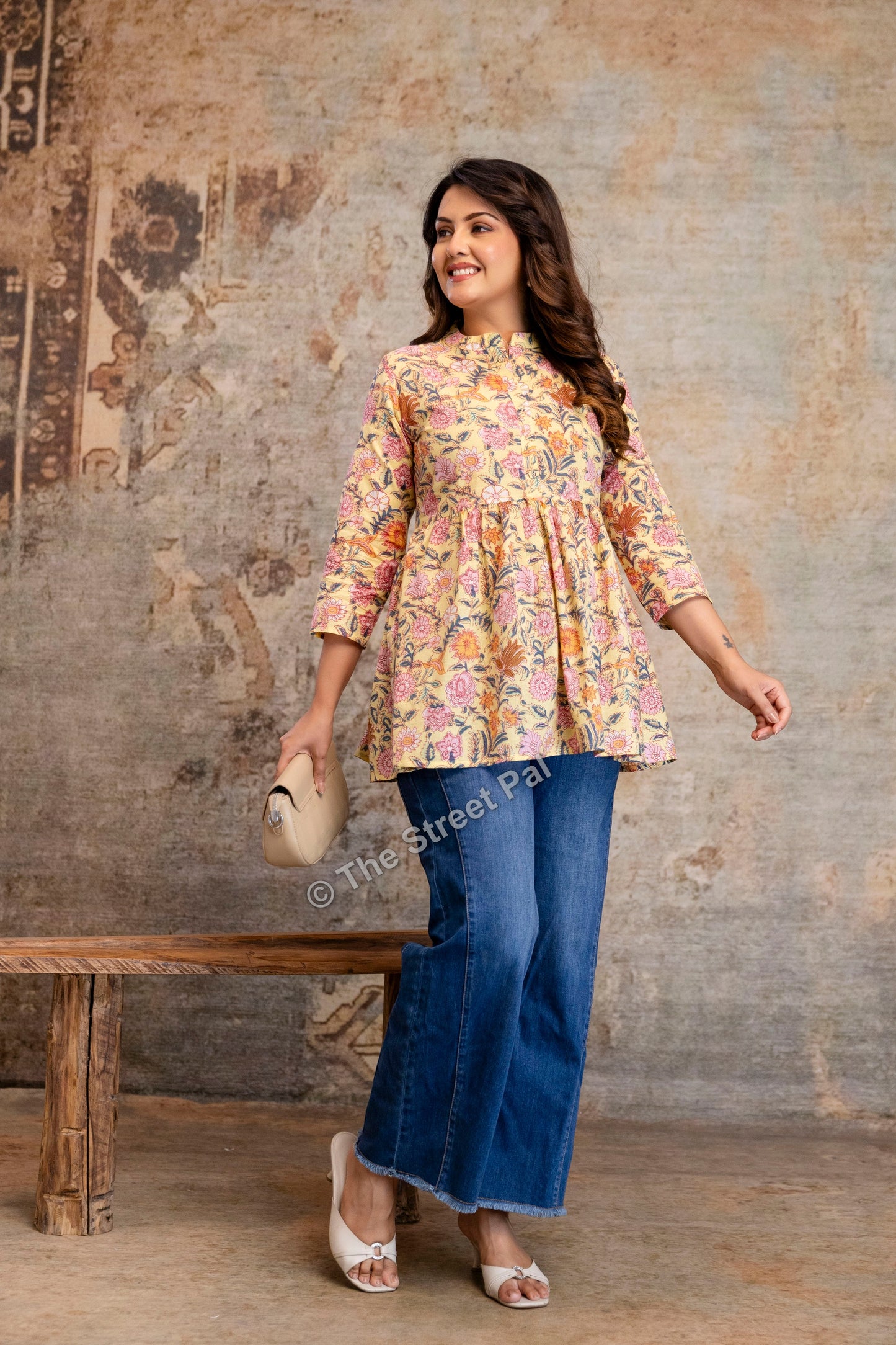 Floral Hand Block Cotton Short Kurti – Pastel Yellow Garden Print