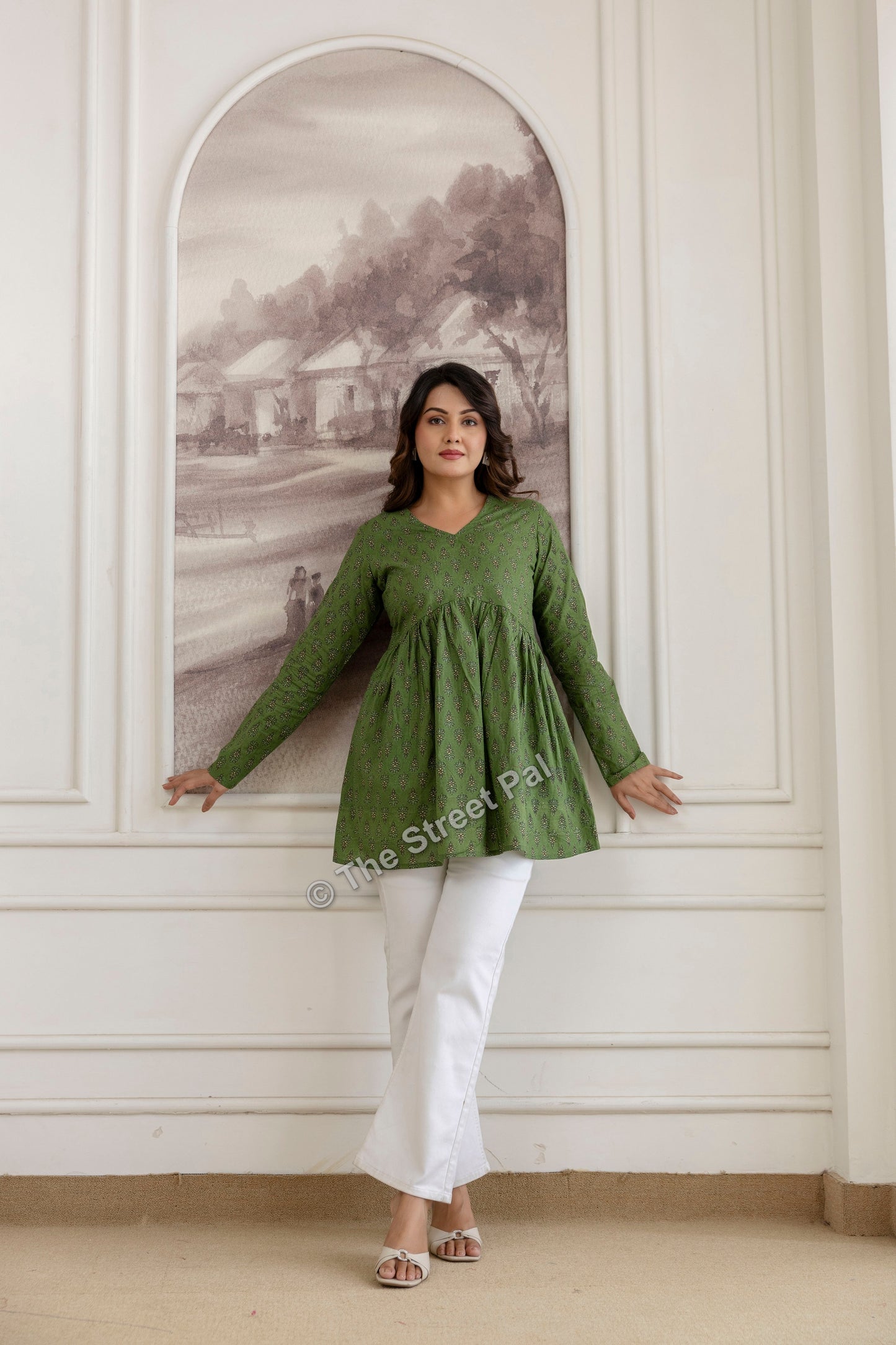 Hand Block Cotton Short Kurti – Olive Green Buti Print