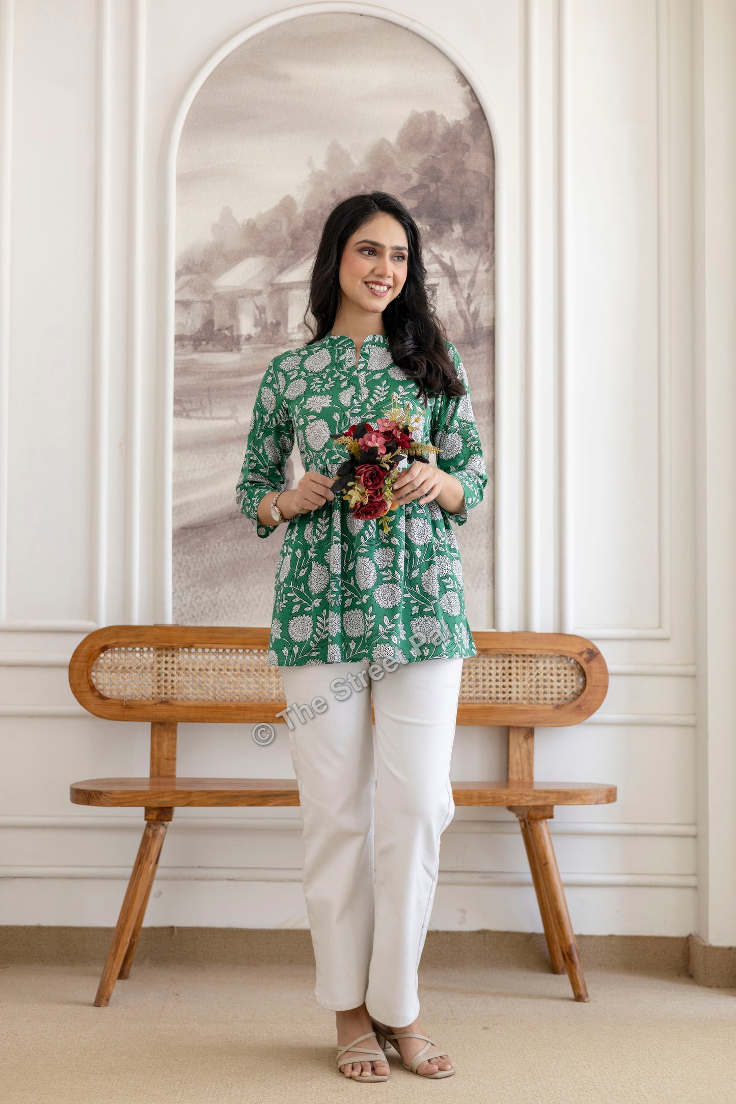 Floral Hand Block Cotton Short Kurti – Emerald Green