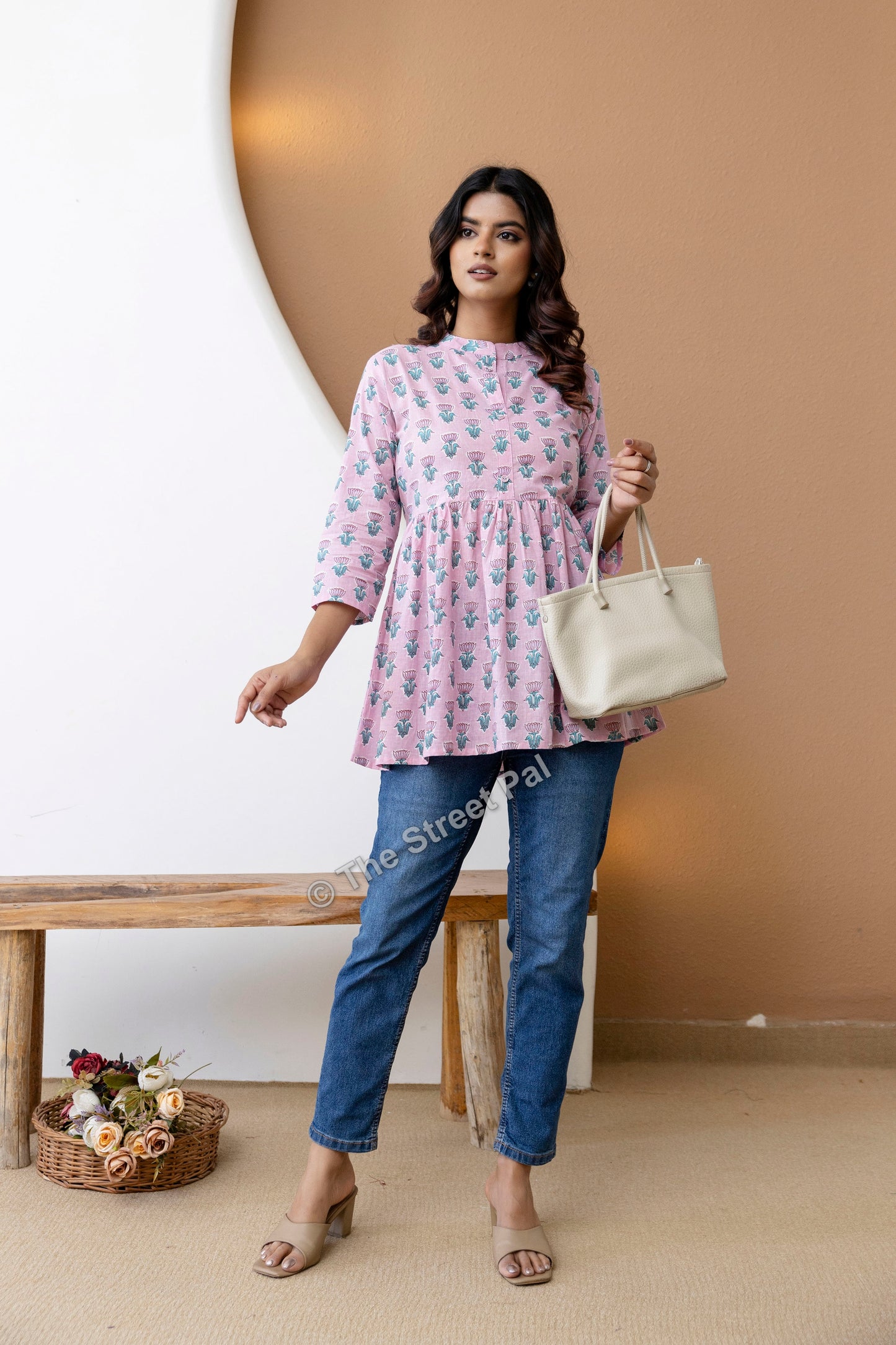 Hand Block Cotton Short Kurti – Soft Pink Buti Print