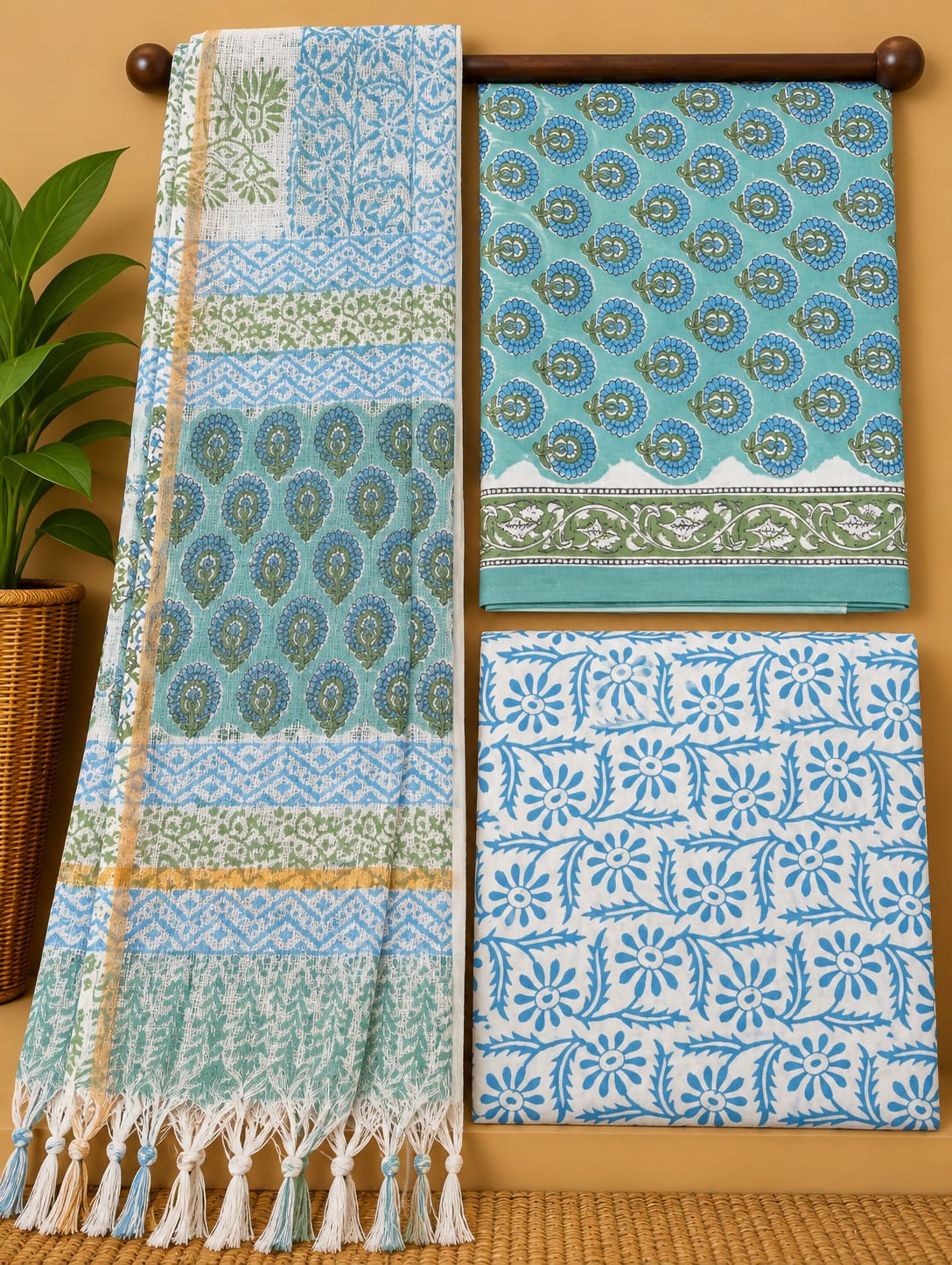 Teal Floral Booti Cotton Suit Set with Kota Doria Dupatta