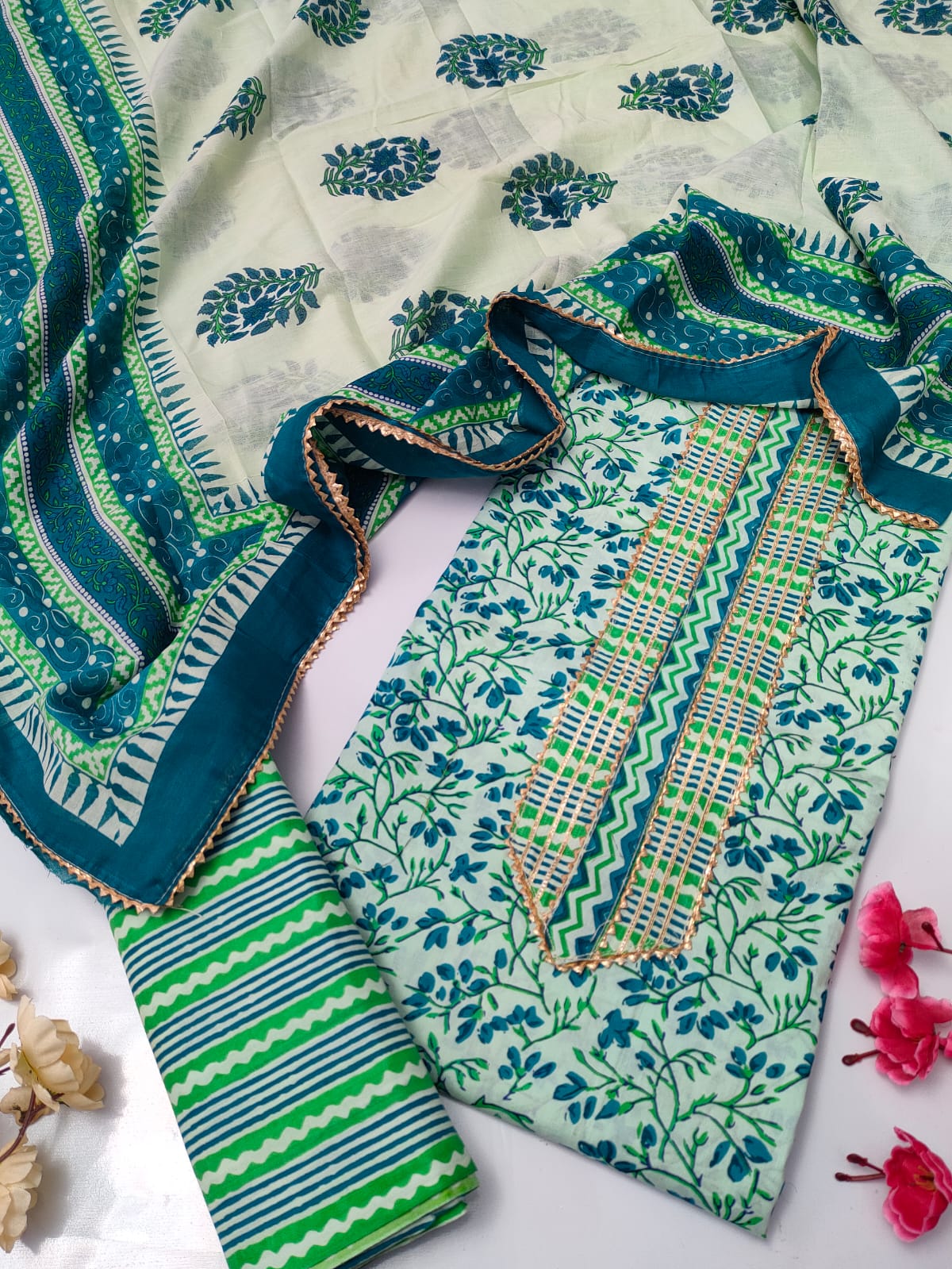Tie Work Suit Set with Cotton Dupatta - TSPSMTWVJ12