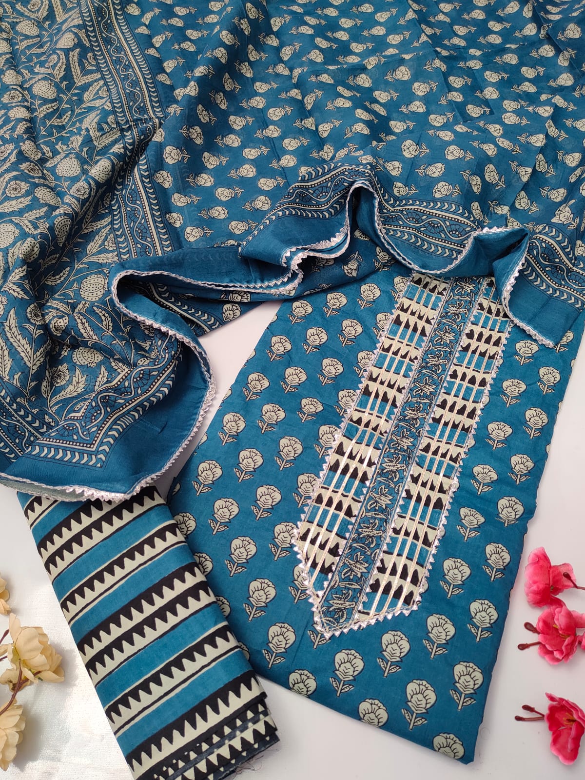 Tie Work Suit Set with Cotton Dupatta - TSPSMTWVJ15