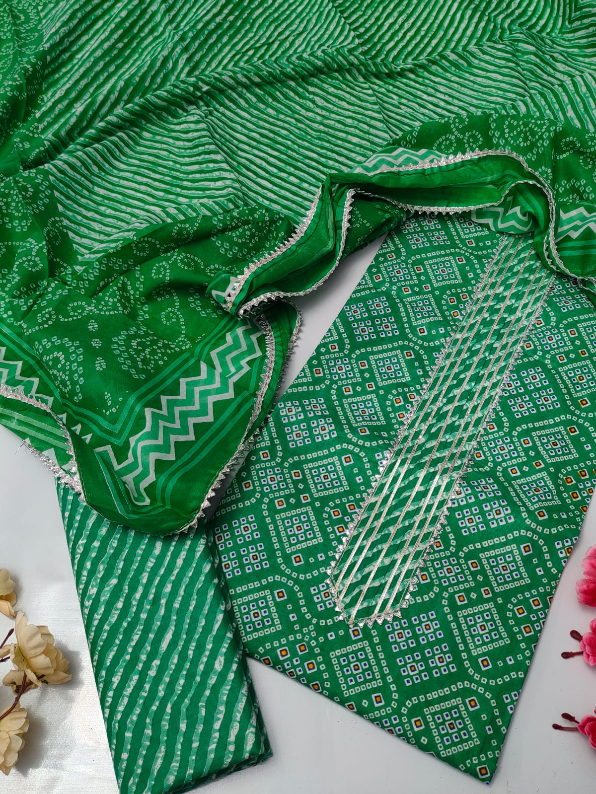 Tie Work Suit Set with Cotton Dupatta - TSPSMTWVJ35