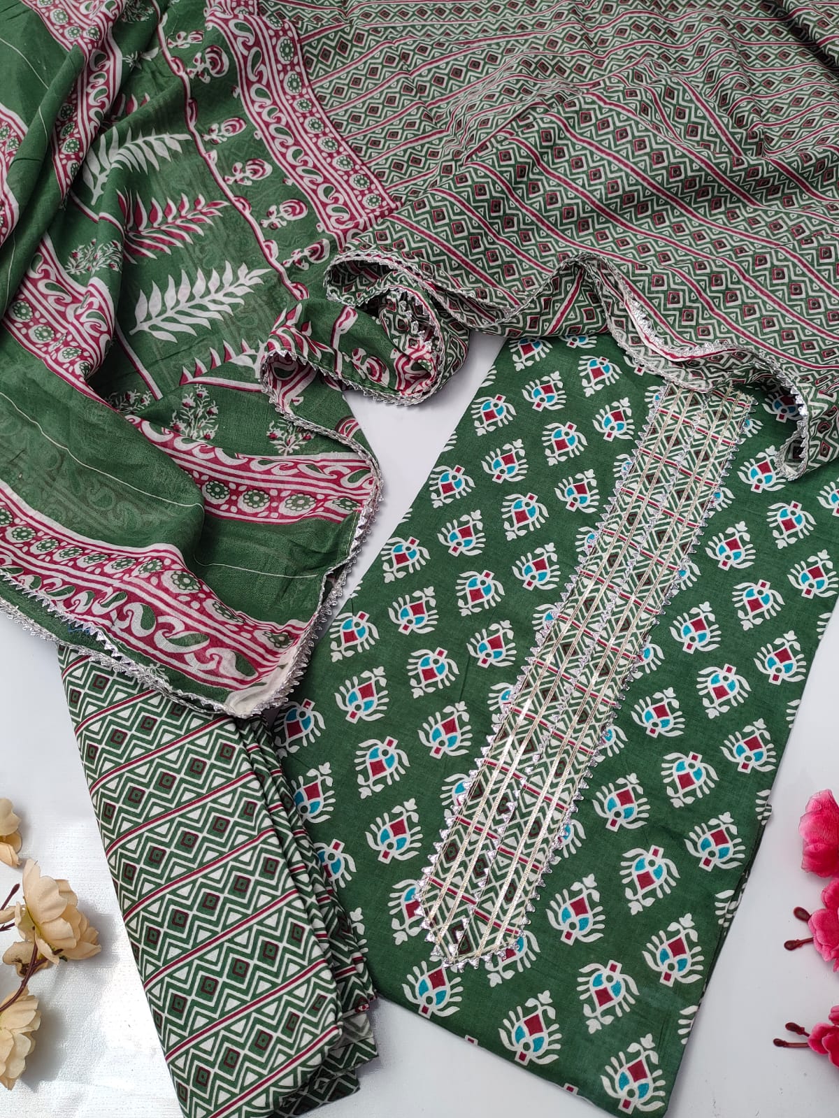 Tie Work Suit Set with Cotton Dupatta - TSPSMTWVJ38