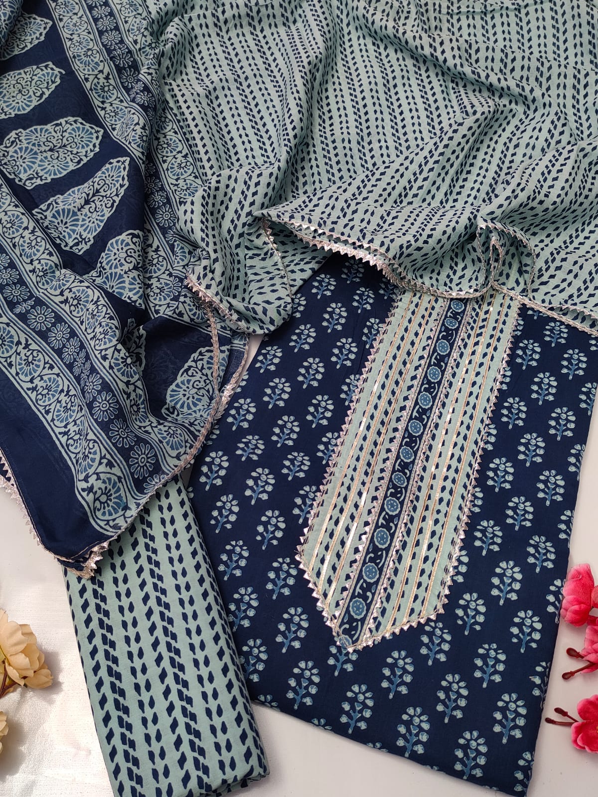 Tie Work Suit Set with Cotton Dupatta - TSPSMTWVJ51