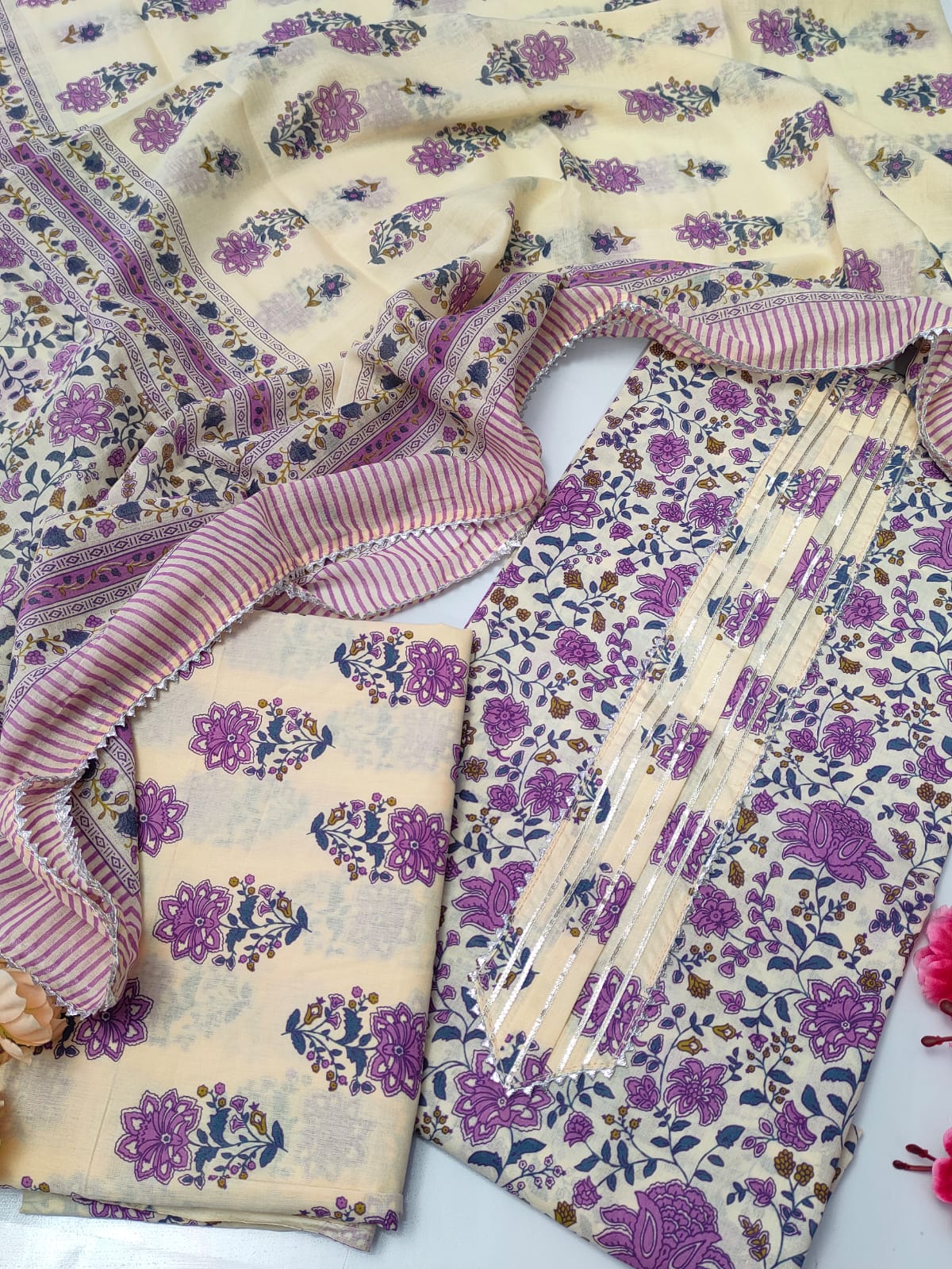 Tie Work Suit Set with Cotton Dupatta - TSPSMTWVJ63