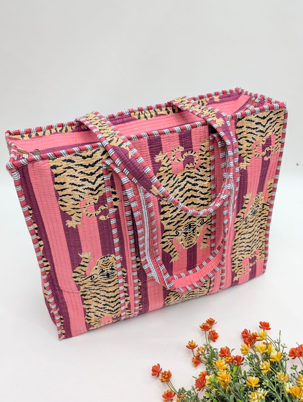 Quilted Tote Bag with zipper - 17x18x 6 inches