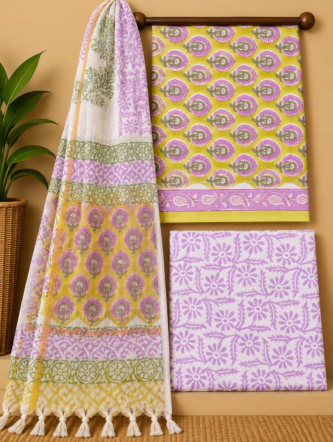 Yellow Floral Booti Cotton Suit Set with Kota Doria Dupatta