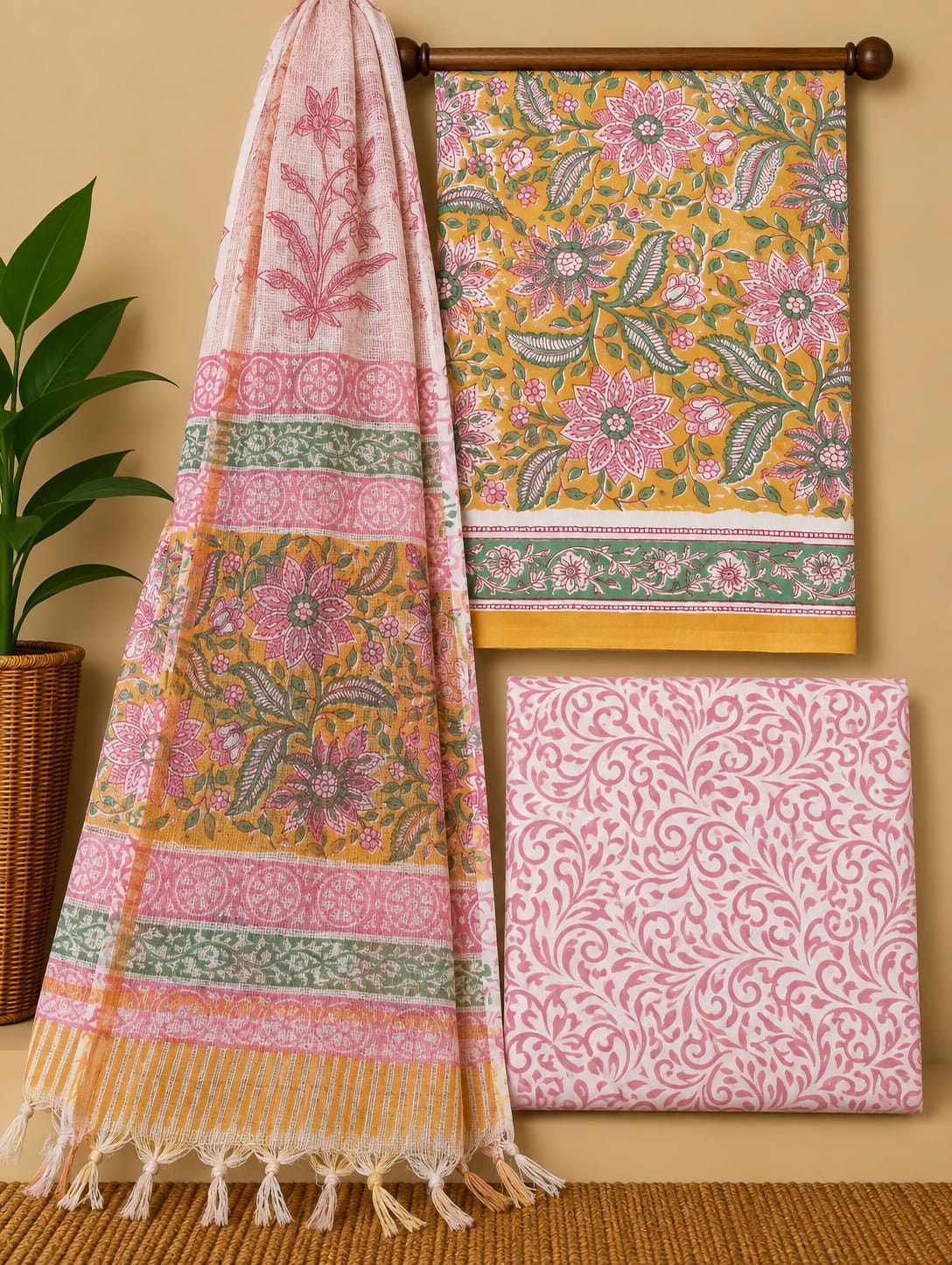 Yellow Floral Cotton Suit Set with Kota Doria Dupatta