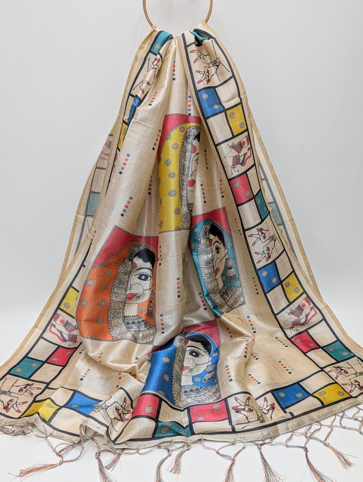 Beige contemporary print Assam Silk dupatta with tassels