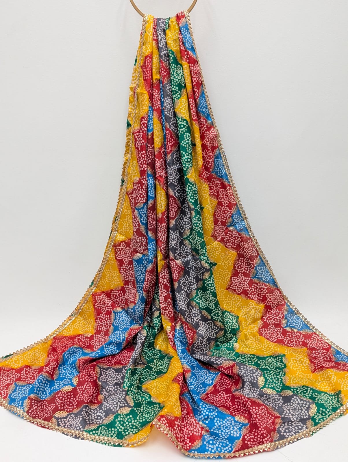 Red diagonal striped Chinon stole with mirror work