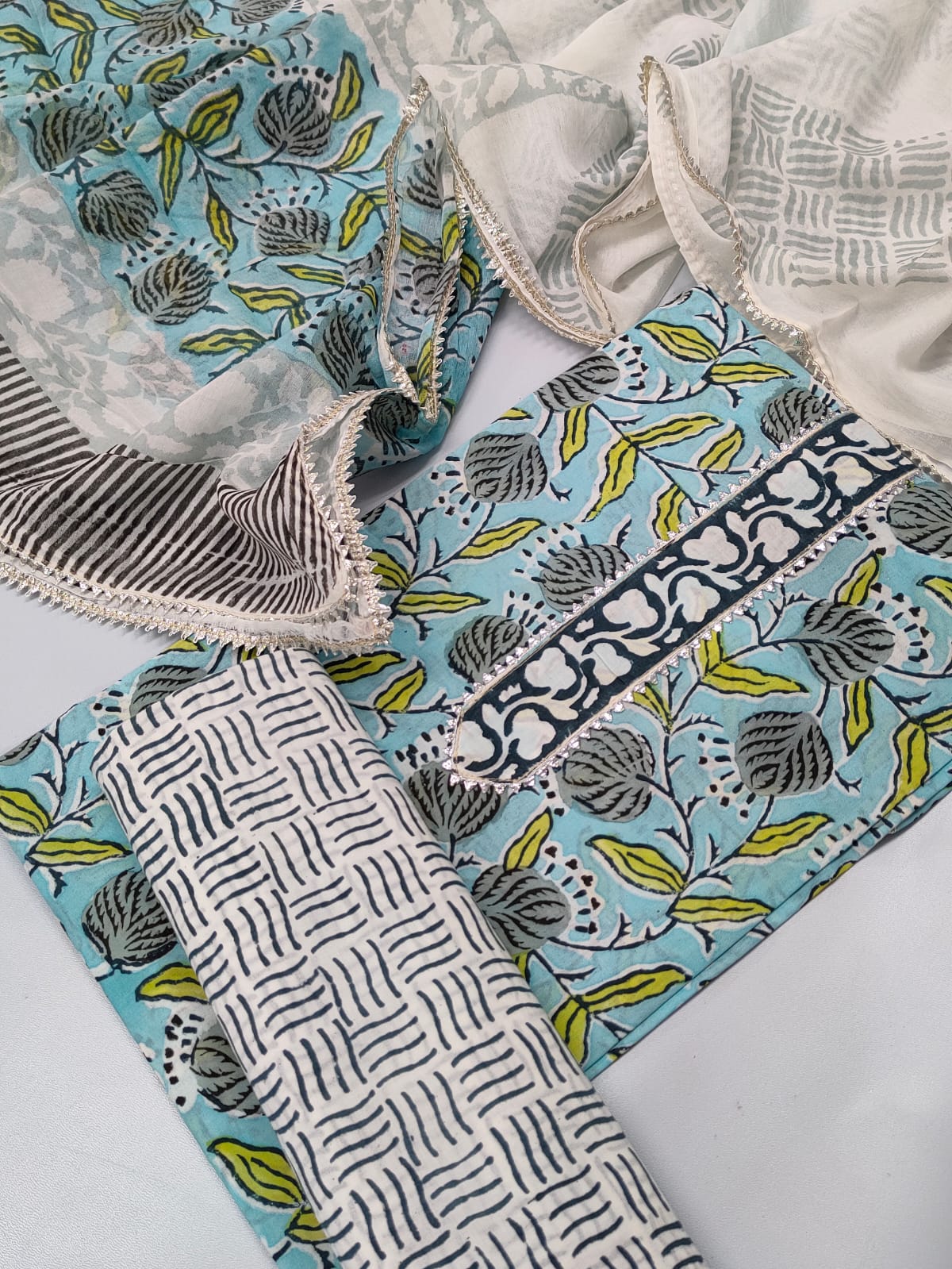 Tie Work Cotton Dupatta Hand Block Suit Set