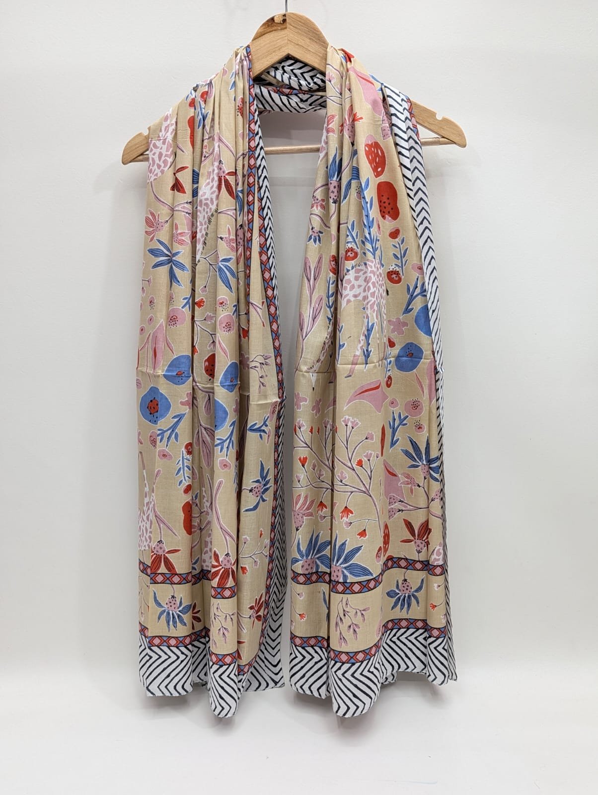 Beige floral mul cotton stole with stripes