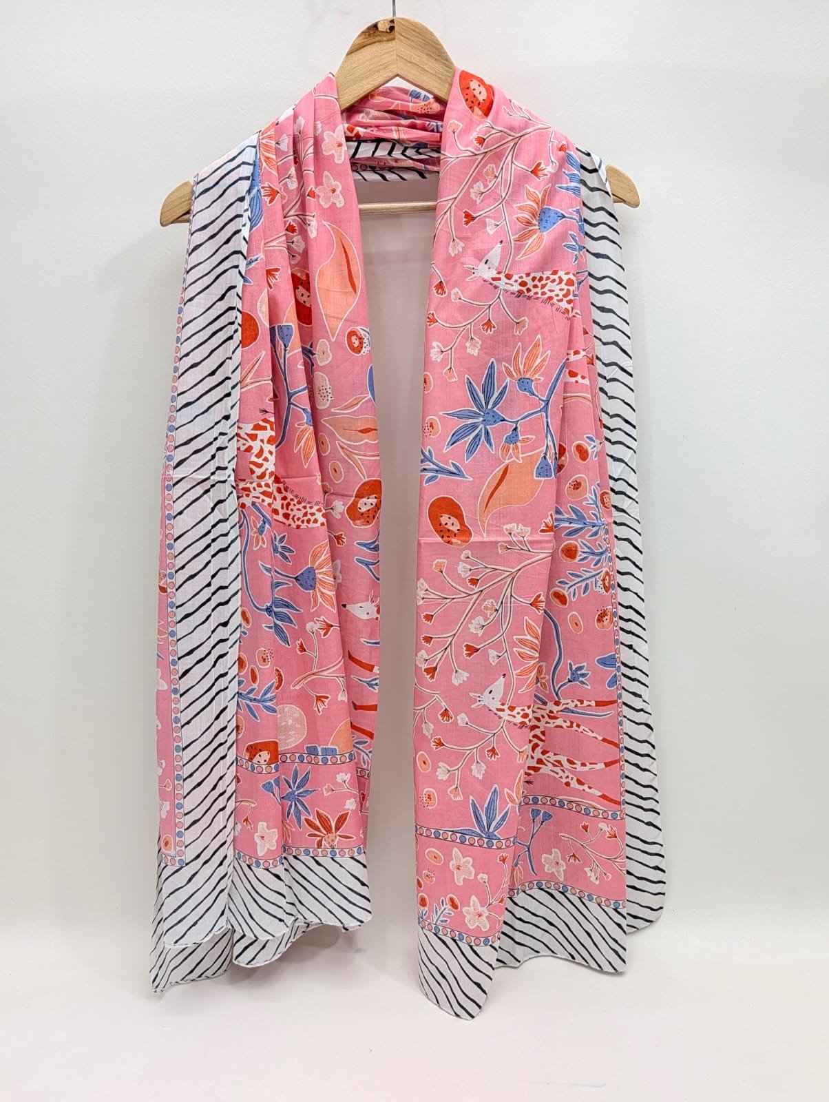 Pink floral mul cotton stole with stripes
