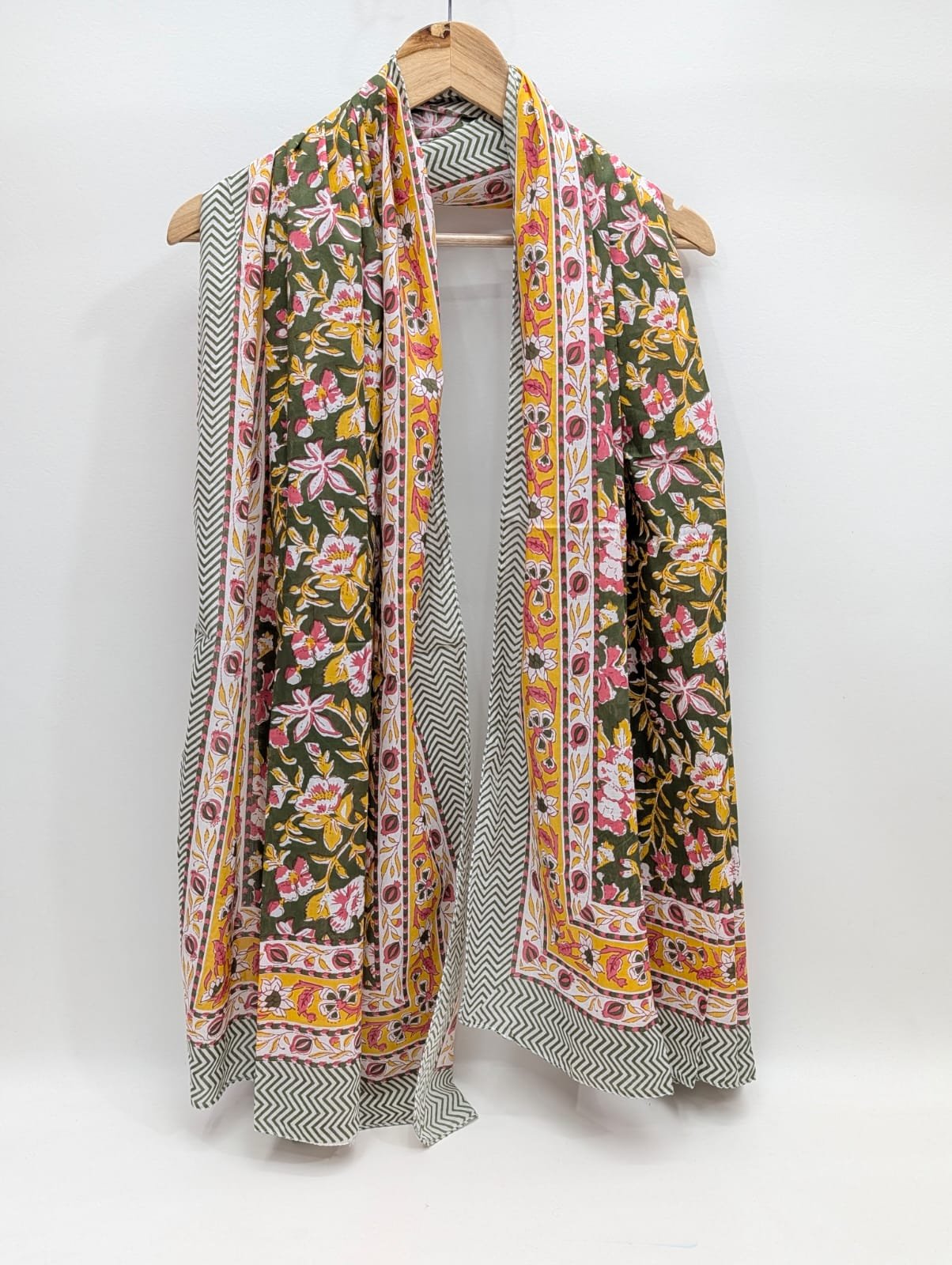 Green floral block printed cotton stole with borders