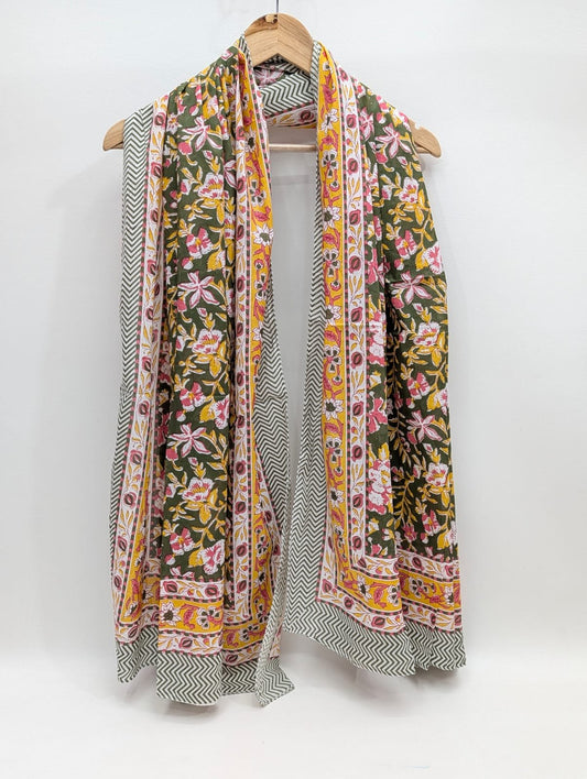 Green floral block printed cotton stole with borders