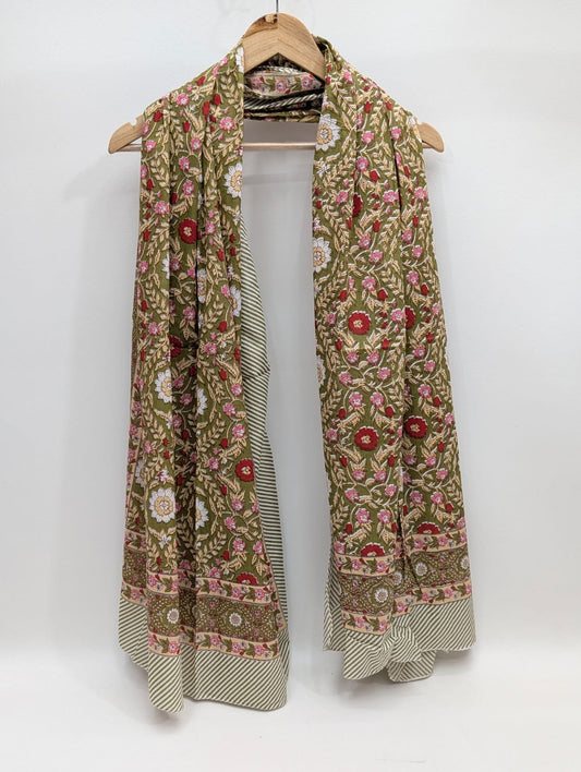 Brown traditional floral block print cotton stole India