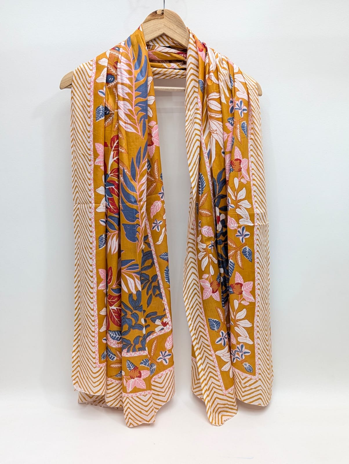 Orange bold floral block print cotton stole India