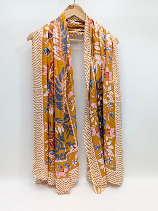 Orange bold floral block print cotton stole India
