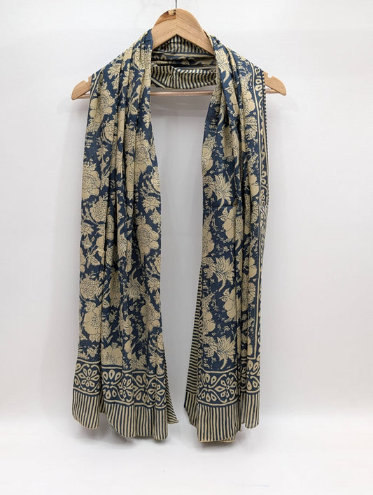 Navy floral block print cotton stole fabric