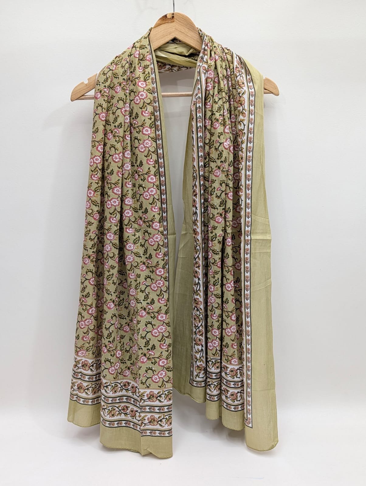 Green floral block printed cotton stole India