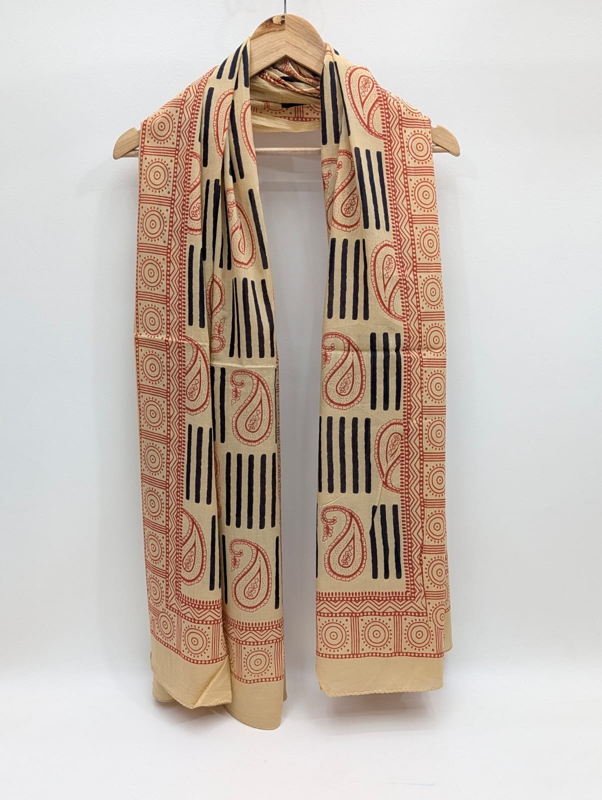 Red paisley block printed cotton stole fabric