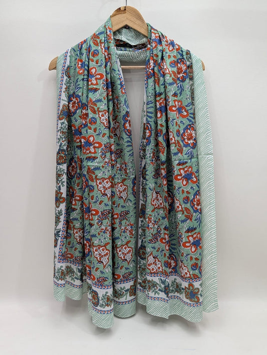 Blue ethnic motif mul cotton stole with border