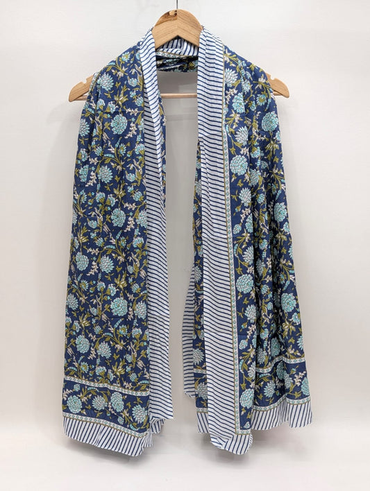 Blue floral mul cotton stole with border