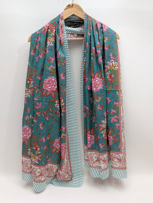 Teal floral mul cotton stole with borders