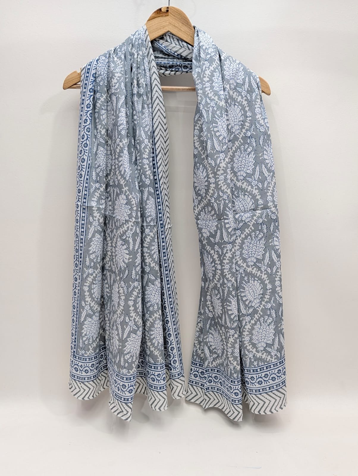 Grey floral block print mul cotton stole Jaipuri