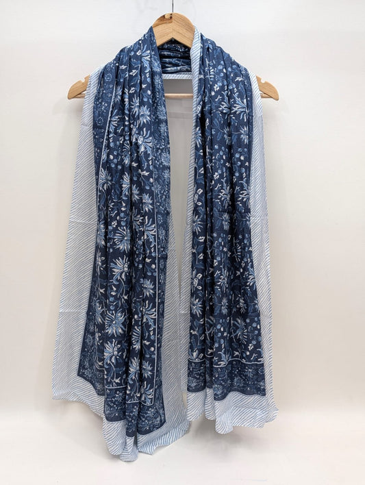 Blue floral mul cotton stole block print