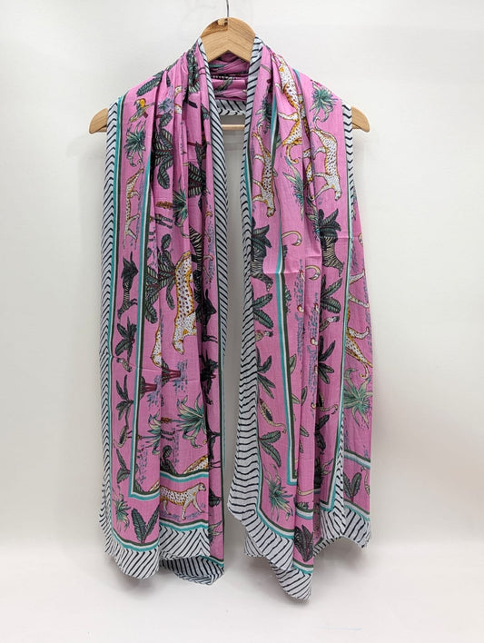 Pink ethnic motif block print cotton stole