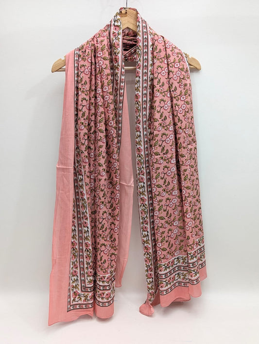 Pink floral mul cotton stole block print
