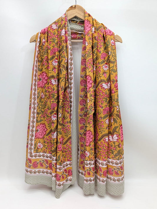 Pink floral block printed mul cotton stole