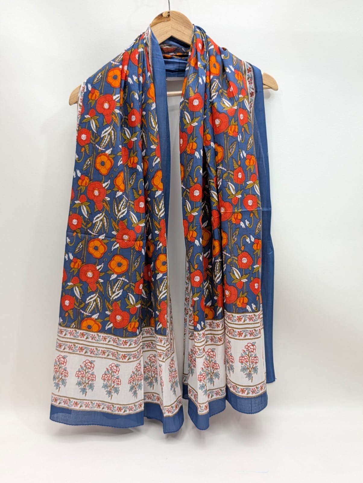 Blue orange floral block print cotton stole