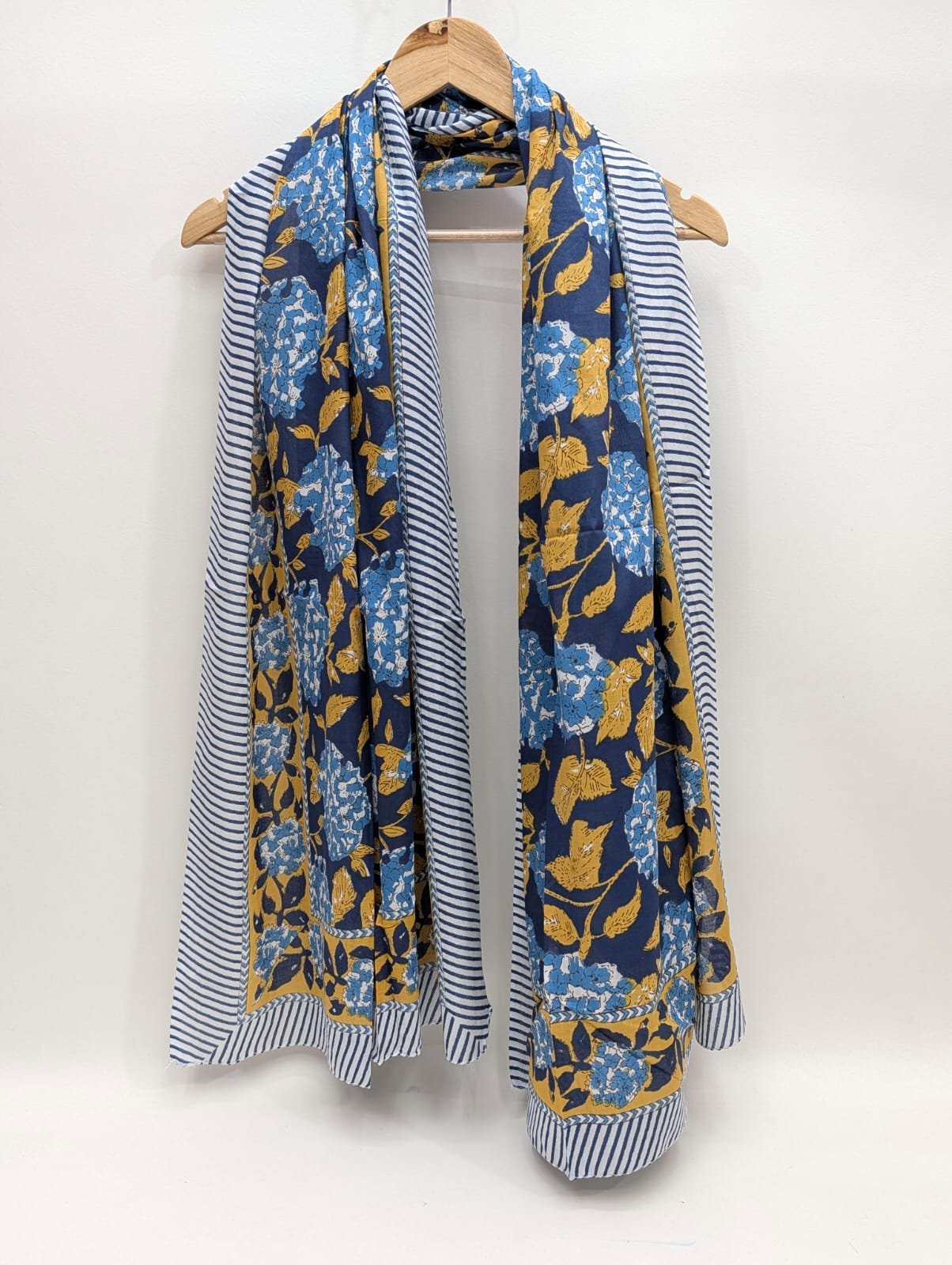 Blue yellow floral block print mul cotton stole