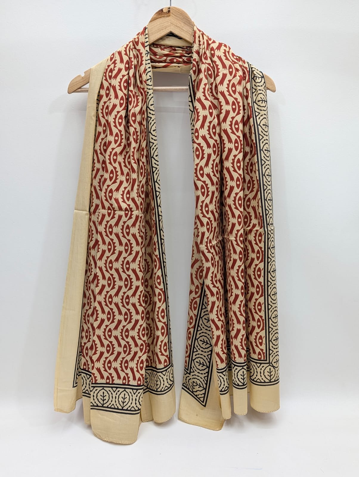 Beige geometric block print mul cotton stole
