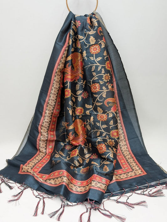 Dark blue floral Assam Silk dupatta with tassels