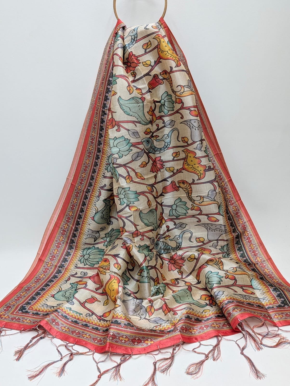 Multicolour contemporary Assam Silk dupatta with tassels
