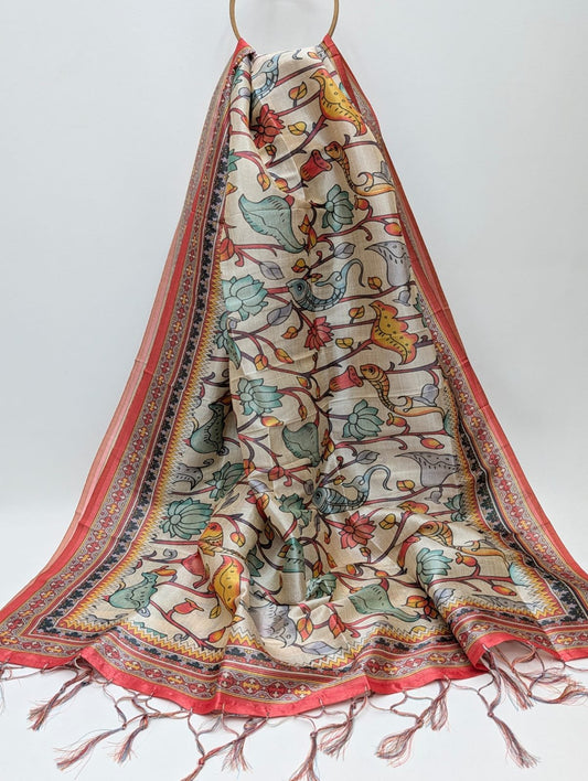 Multicolour contemporary Assam Silk dupatta with tassels